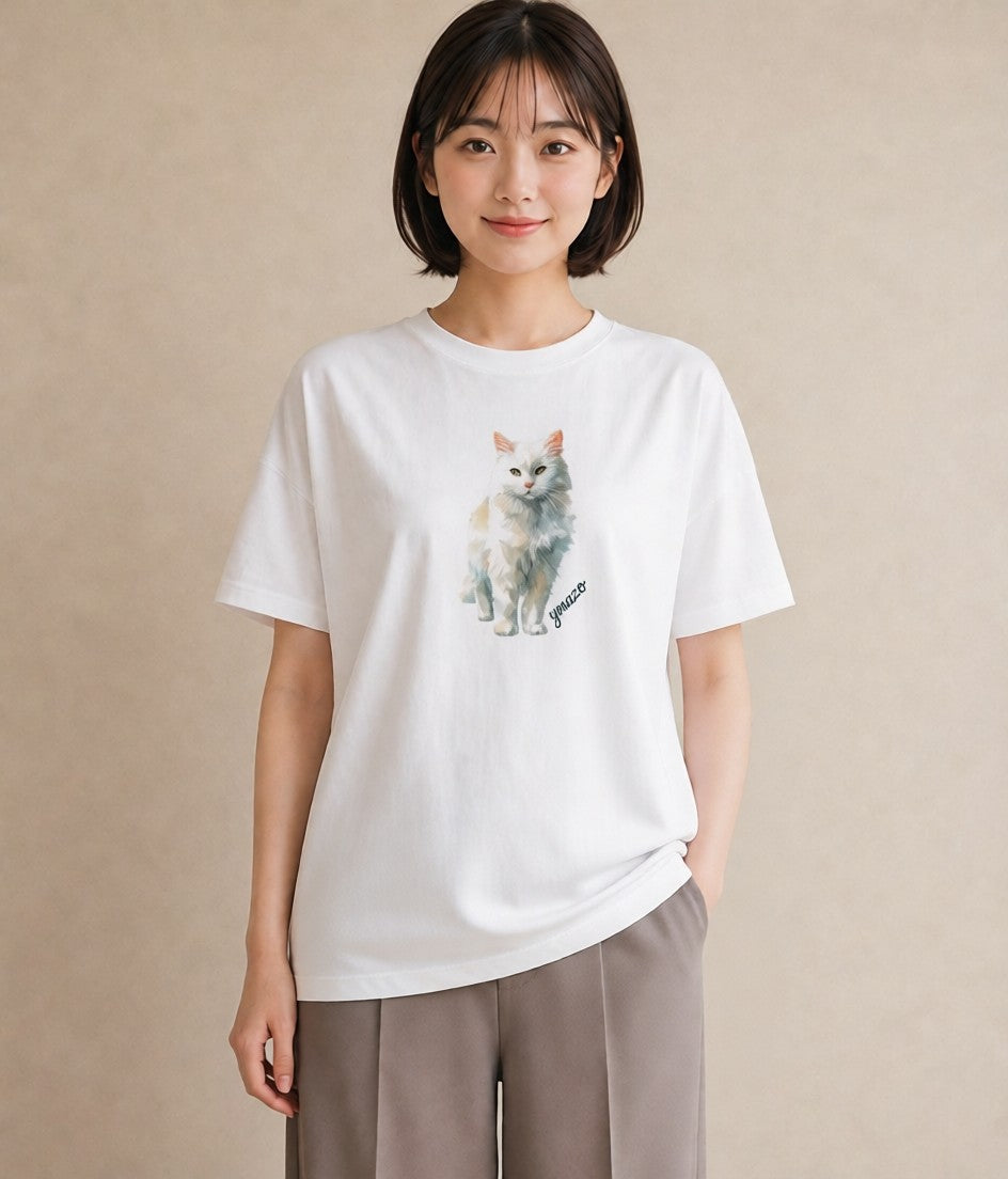 半袖Tシャツ レディース 猫好き 猫 ねこ イラスト ミニマル 女子会 お揃い 白T