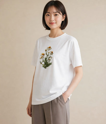 デザインTシャツ レディース デイジー 花 花柄 イラスト ヴィンテージ風 自分用 ルームウェア 白T