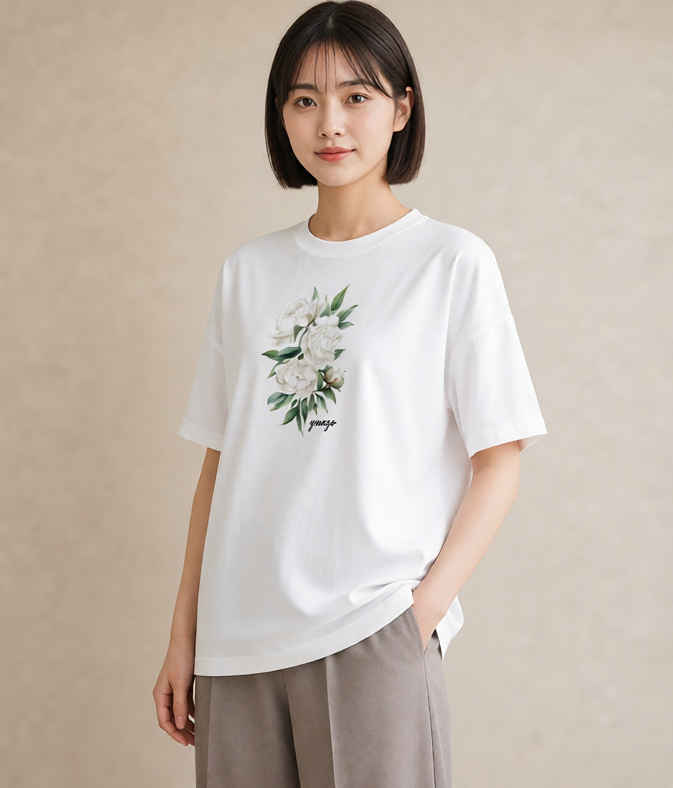 プリントTシャツ レディース 椿 花 花柄 イラスト シック ギフト 母の日 白T