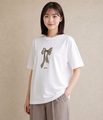 プリントTシャツ レディース リボン ボウ りぼん イラスト モード ホワイトデー 春服 白T