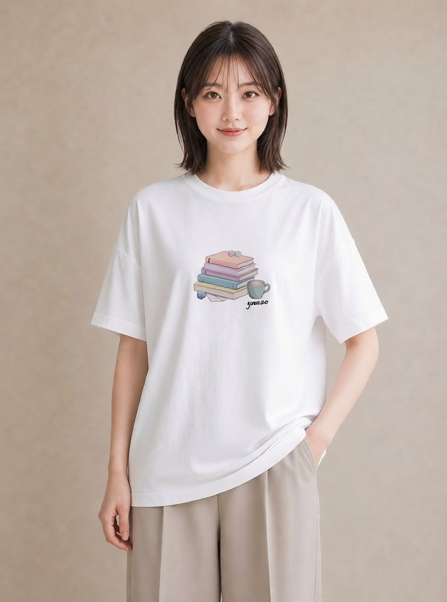 Tシャツ レディース 本 読書 ブック イラスト カフェコーデ 普段着 週末コーデ 白T