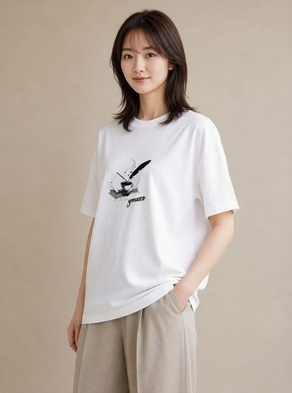 デザインTシャツ レディース 本 読書 ブック イラスト カフェコーデ 休日 ペアコーデ 白T