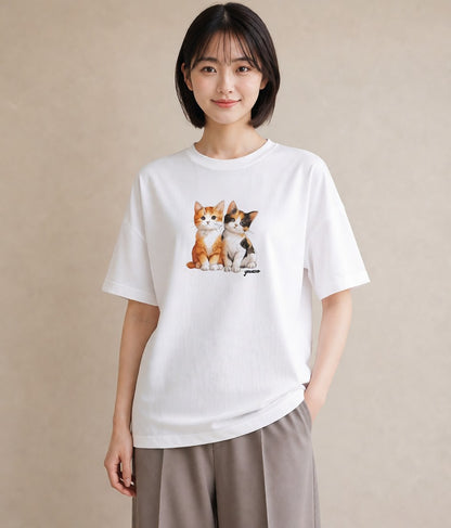 Tシャツ レディース ぶち猫 猫 ねこ イラスト ボタニカル 買い物 夏コーデ 白T