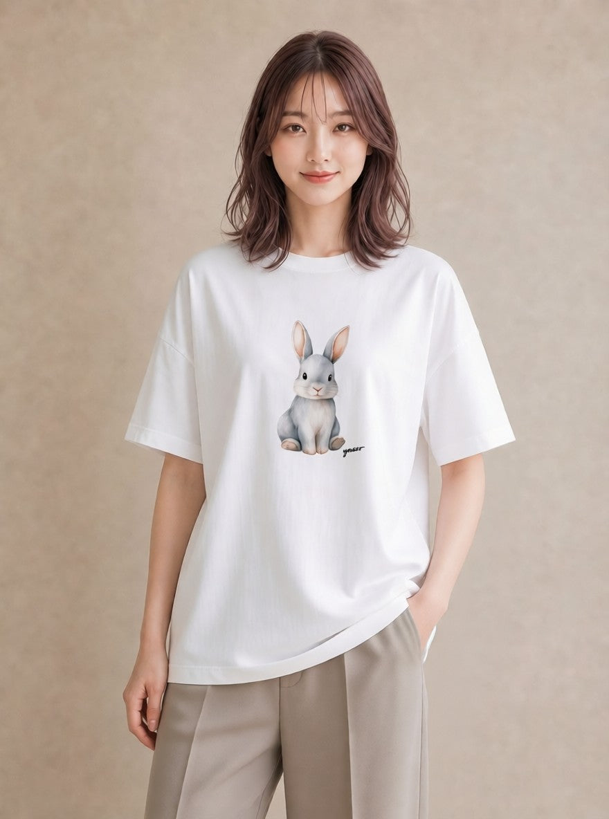 グラフィックTシャツ レディース ライオンラビット ペット 動物 イラスト ニュアンス カフェ巡り 女子会 白T