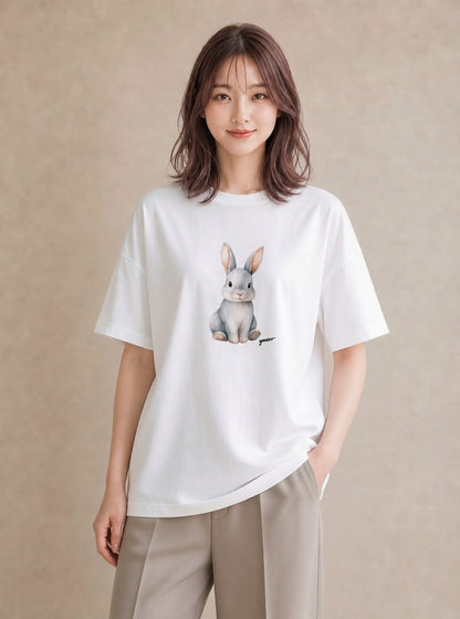 グラフィックTシャツ レディース ライオンラビット ペット 動物 イラスト ニュアンス カフェ巡り 女子会 白T