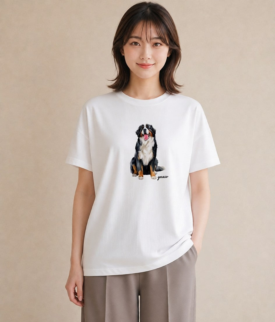 半袖Tシャツ レディース バーニーズマウンテンドッグ 犬 いぬ イラスト モード 海 カフェ巡り 白T