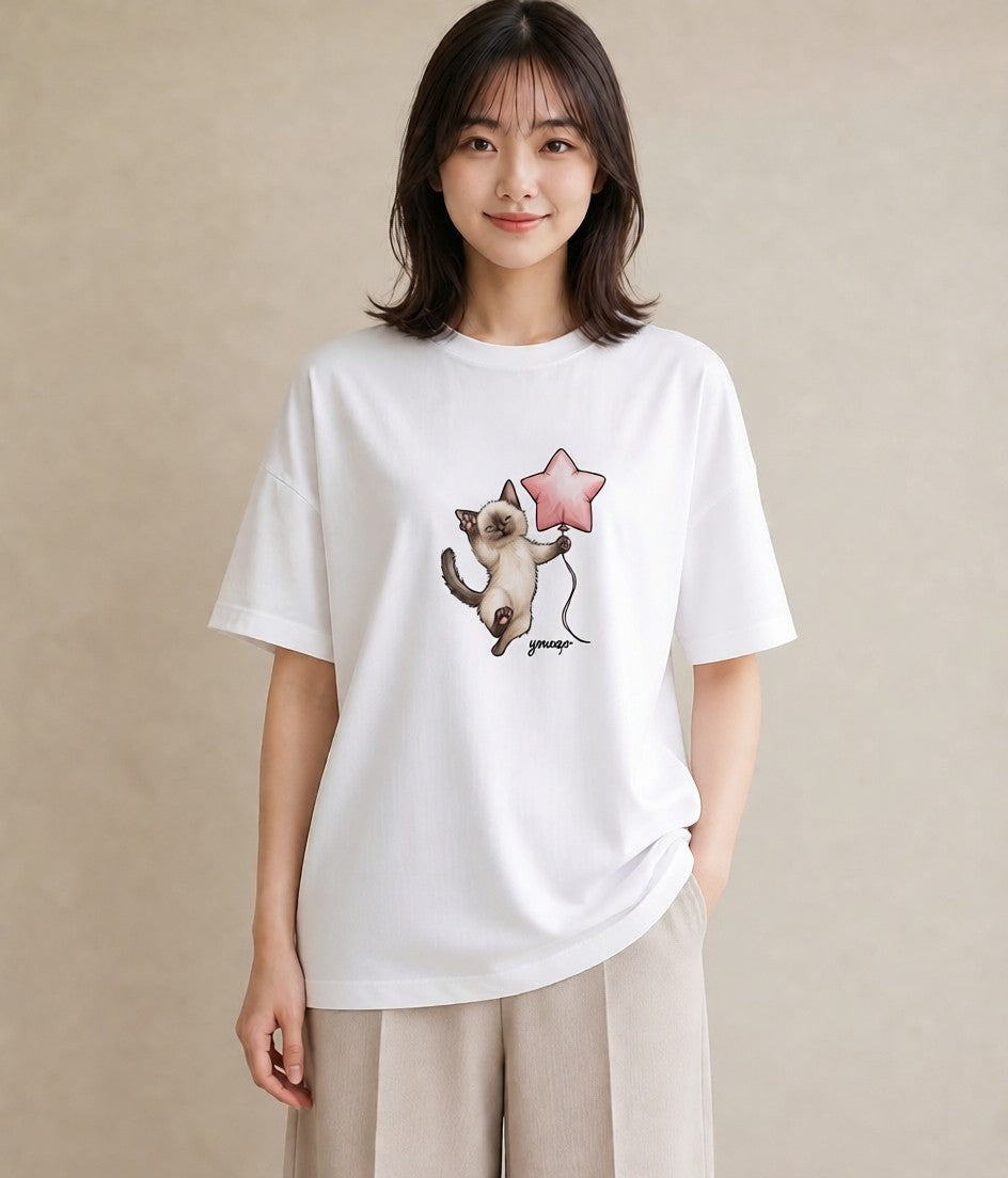 Tシャツ レディース シャム柄 猫 ねこ イラスト ナチュラル 母の日 ビーチ 白T