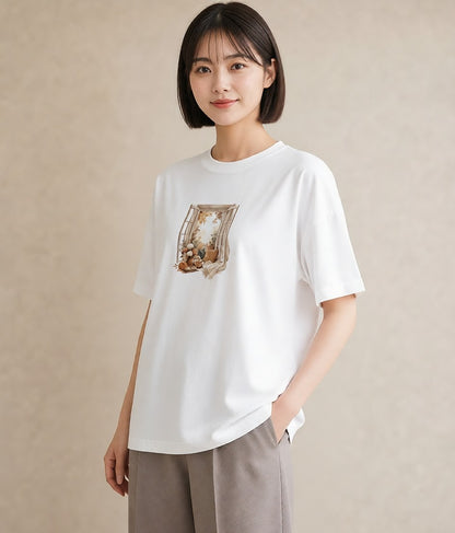 グラフィックTシャツ レディース 窓辺の雨 雨の日 窓 ナチュラル アンティーク イラスト 上品 敬老の日 ホワイトデー 白T