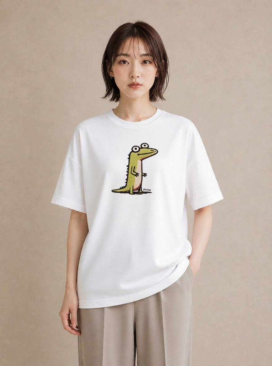 デザインTシャツ レディース ヤモリ ペット 動物 イラスト ヴィンテージ風 海 カフェ巡り 白T