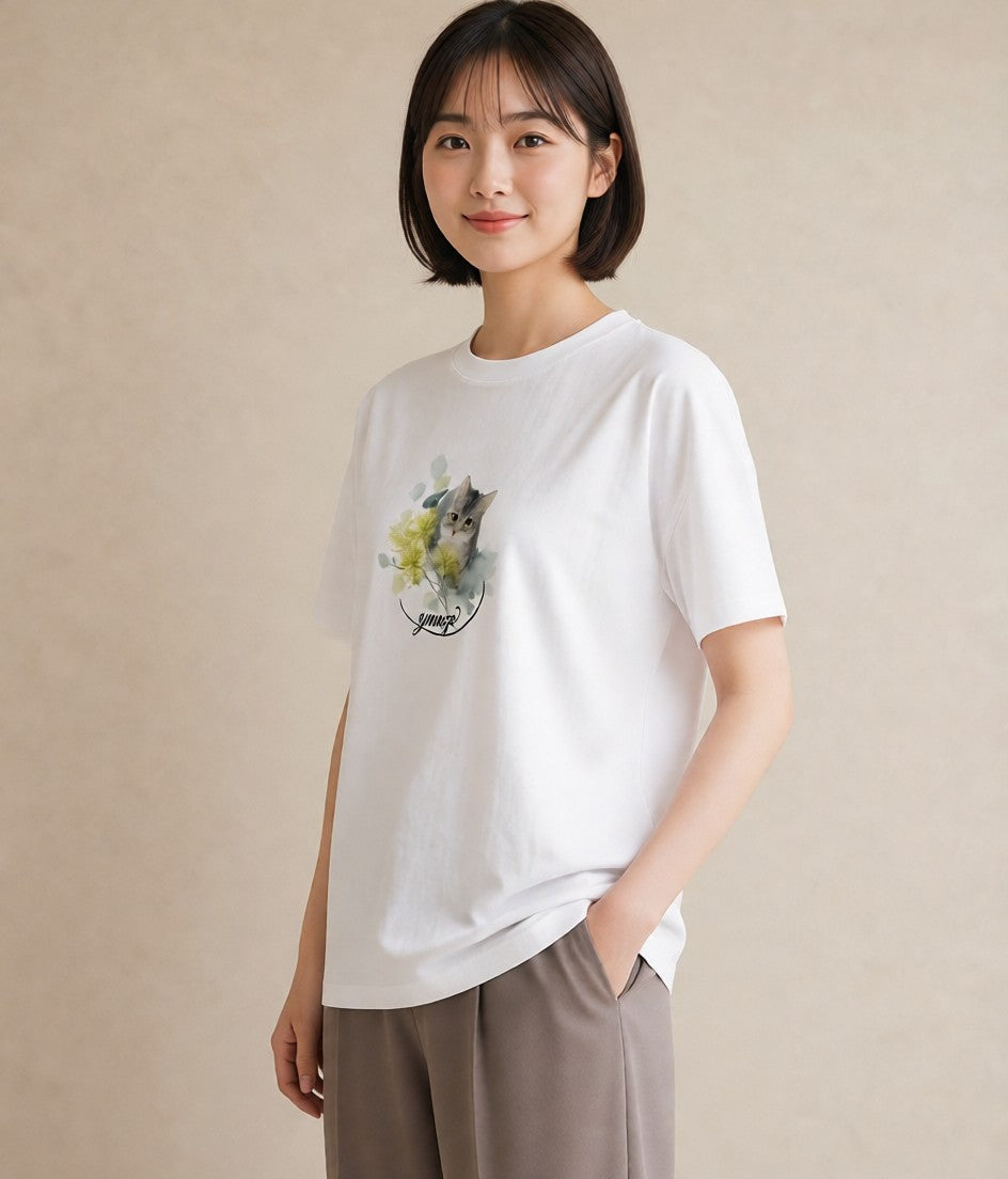半袖Tシャツ レディース アメリカンショートヘア 猫 ねこ イラスト 抜け感 デイリーウェア 休日 白T