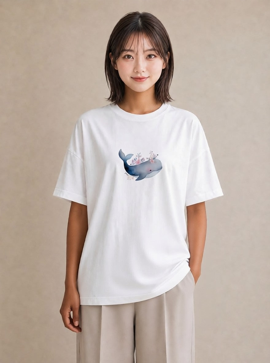 半袖Tシャツ レディース イルカ 海の生き物 海 イラスト 韓国風 夏コーデ 通学 白T