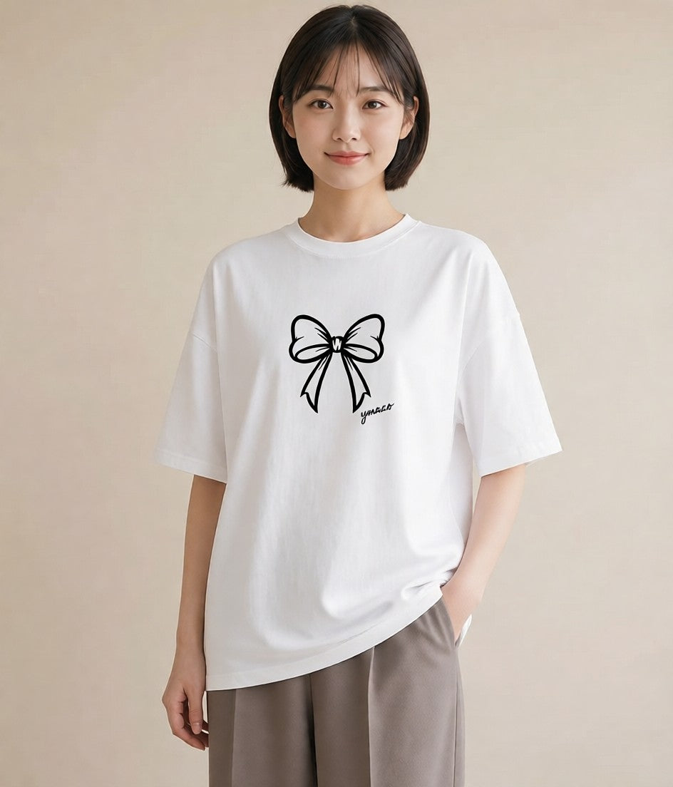 Tシャツ レディース リボン ボウ りぼん イラスト こなれ感 親子 20代 白T