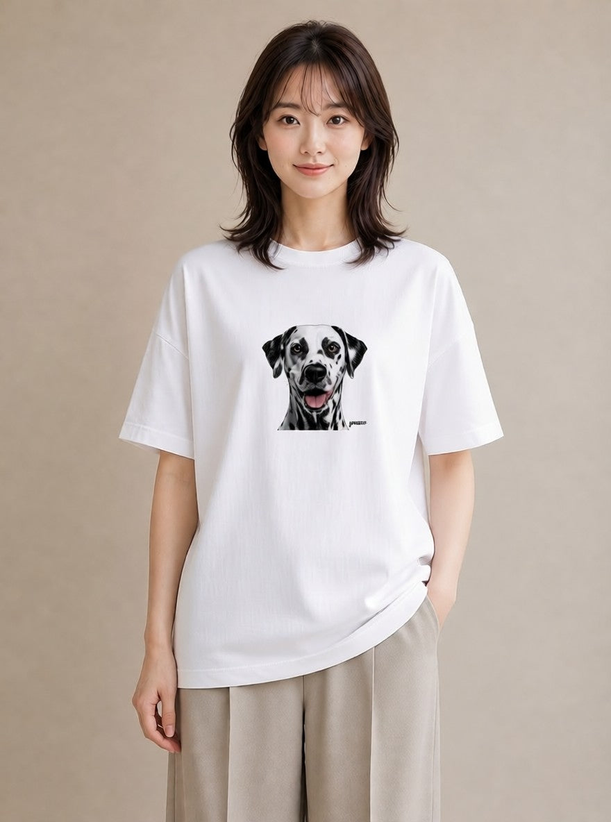 プリントTシャツ レディース ダルメシアン 犬 いぬ イラスト 淡色 カフェ服 クリスマス 白T