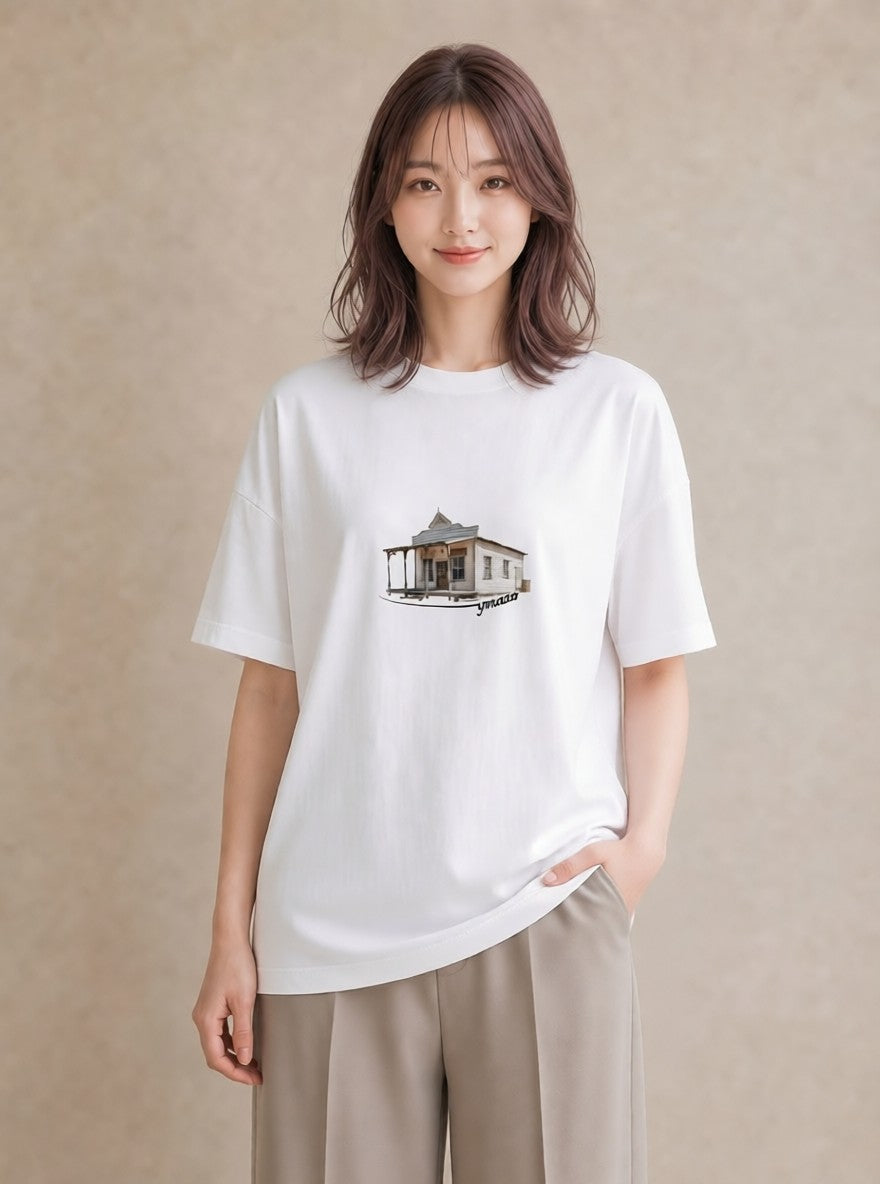 プリントTシャツ レディース 駅のホーム ローカル線 駅 ナチュラル アンティーク イラスト ラフカジュアル カフェ服 クリスマス 白T