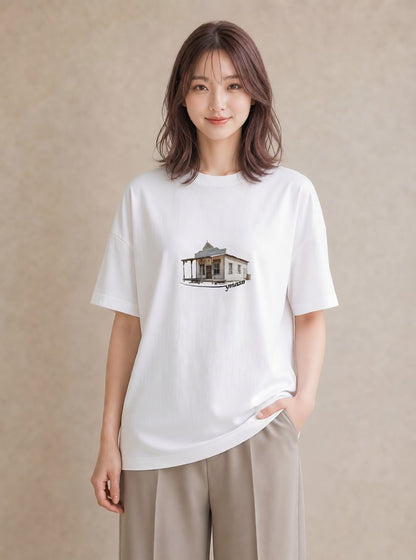 プリントTシャツ レディース 駅のホーム ローカル線 駅 ナチュラル アンティーク イラスト ラフカジュアル カフェ服 クリスマス 白T