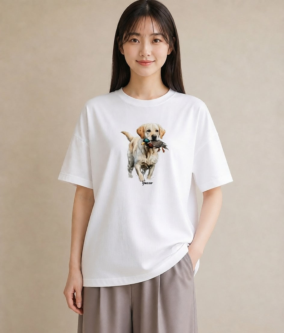 グラフィックTシャツ レディース ラブラドールレトリバー 犬 いぬ イラスト 手描き風 買い物 夏コーデ 白T