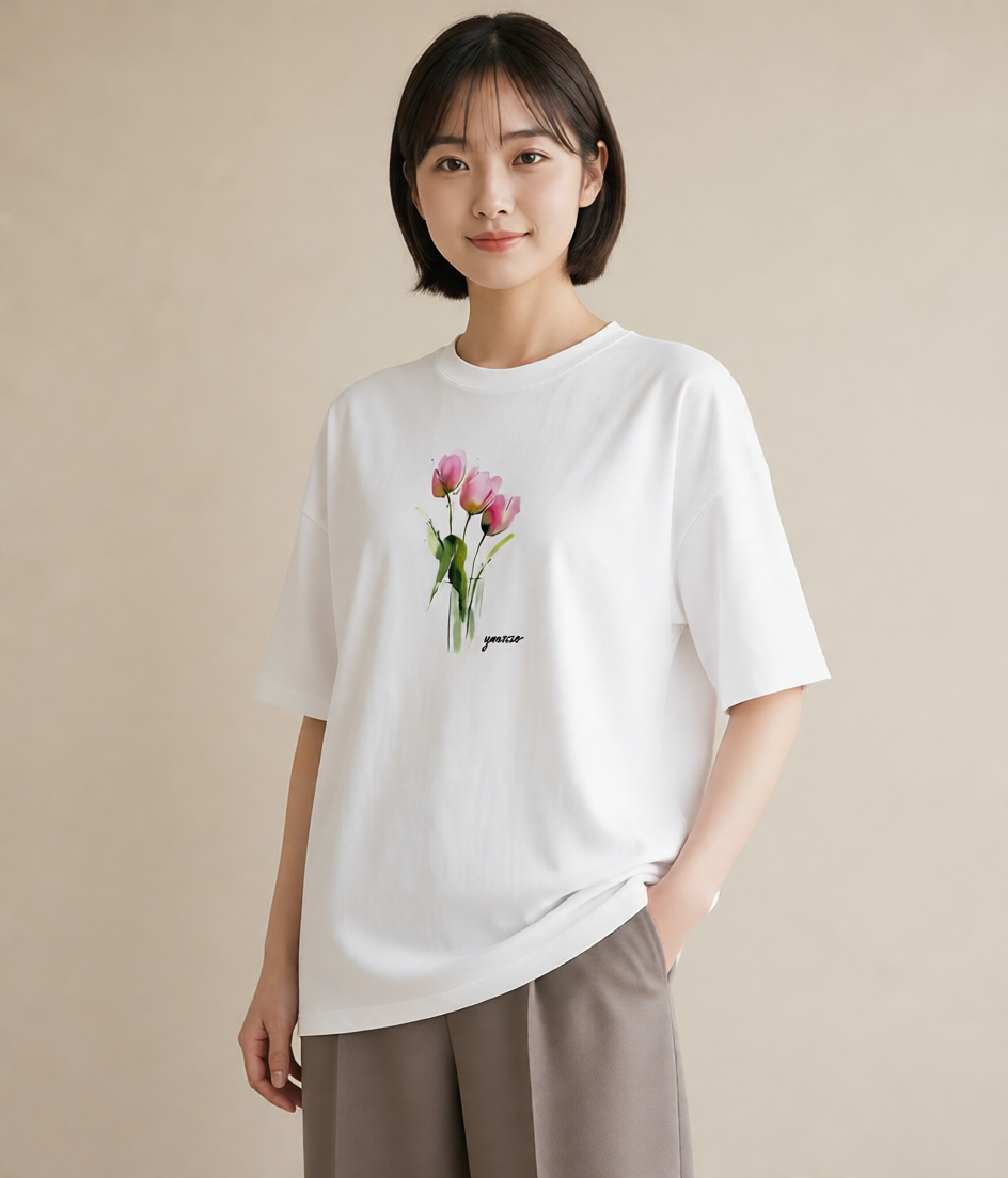 デザインTシャツ レディース チューリップ 花 花柄 イラスト 春コーデ 姉妹 白T