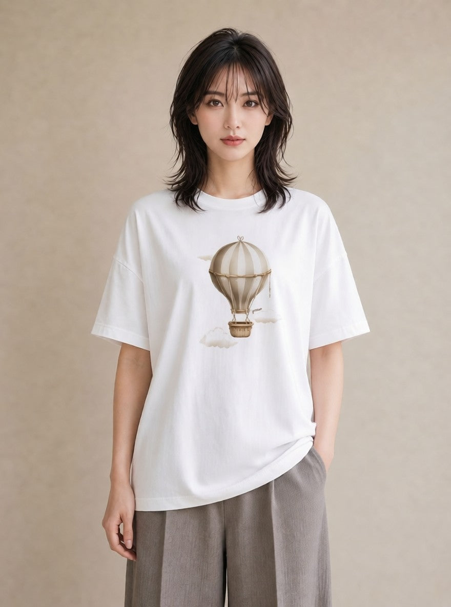 Tシャツ レディース 気球 星空 宇宙 イラスト 上品 母娘コーデ 自分用 白T