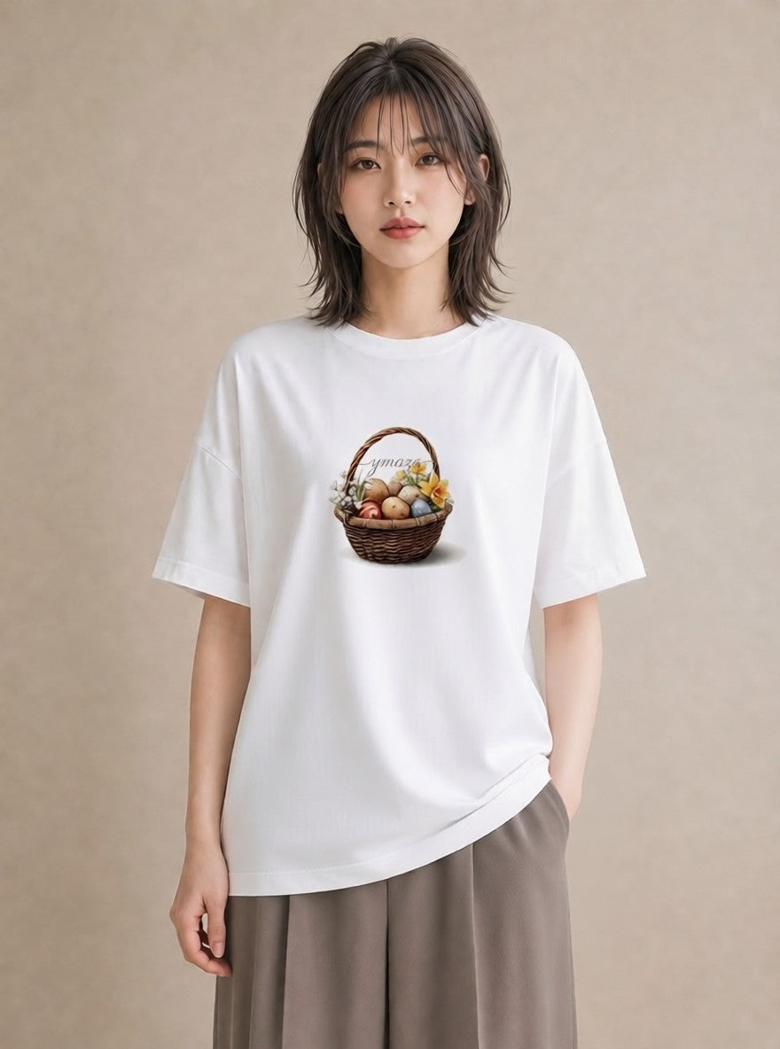 半袖Tシャツ レディース 自転車のかご 自転車 花かご ナチュラル アンティーク イラスト アート風 休日 ペアコーデ 白T