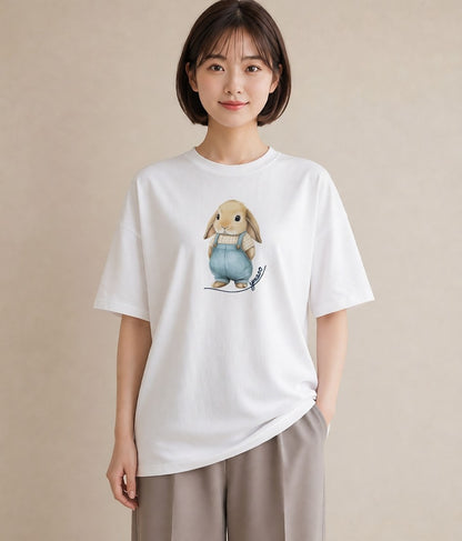 Tシャツ レディース ライオンラビット ペット 動物 イラスト 手描き風 通勤 在宅 白T