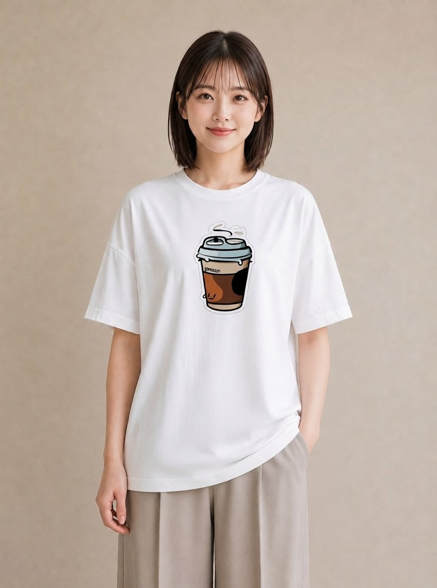 Tシャツ レディース コーヒー 珈琲 カフェ 食べ物 フード イラスト 抜け感 デイリーウェア 休日 白T