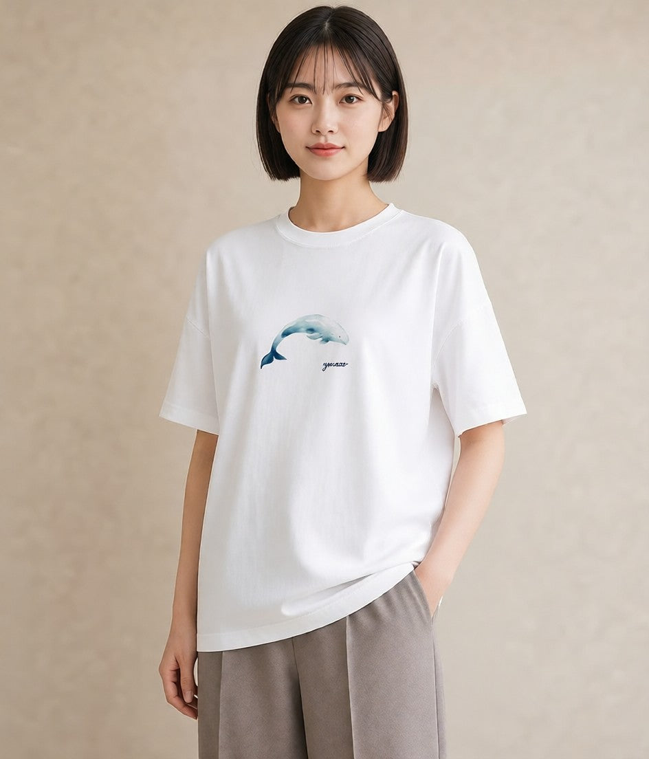 Tシャツ レディース シャチ 海の生き物 海 イラスト フェミニン 普段着 週末コーデ 白T