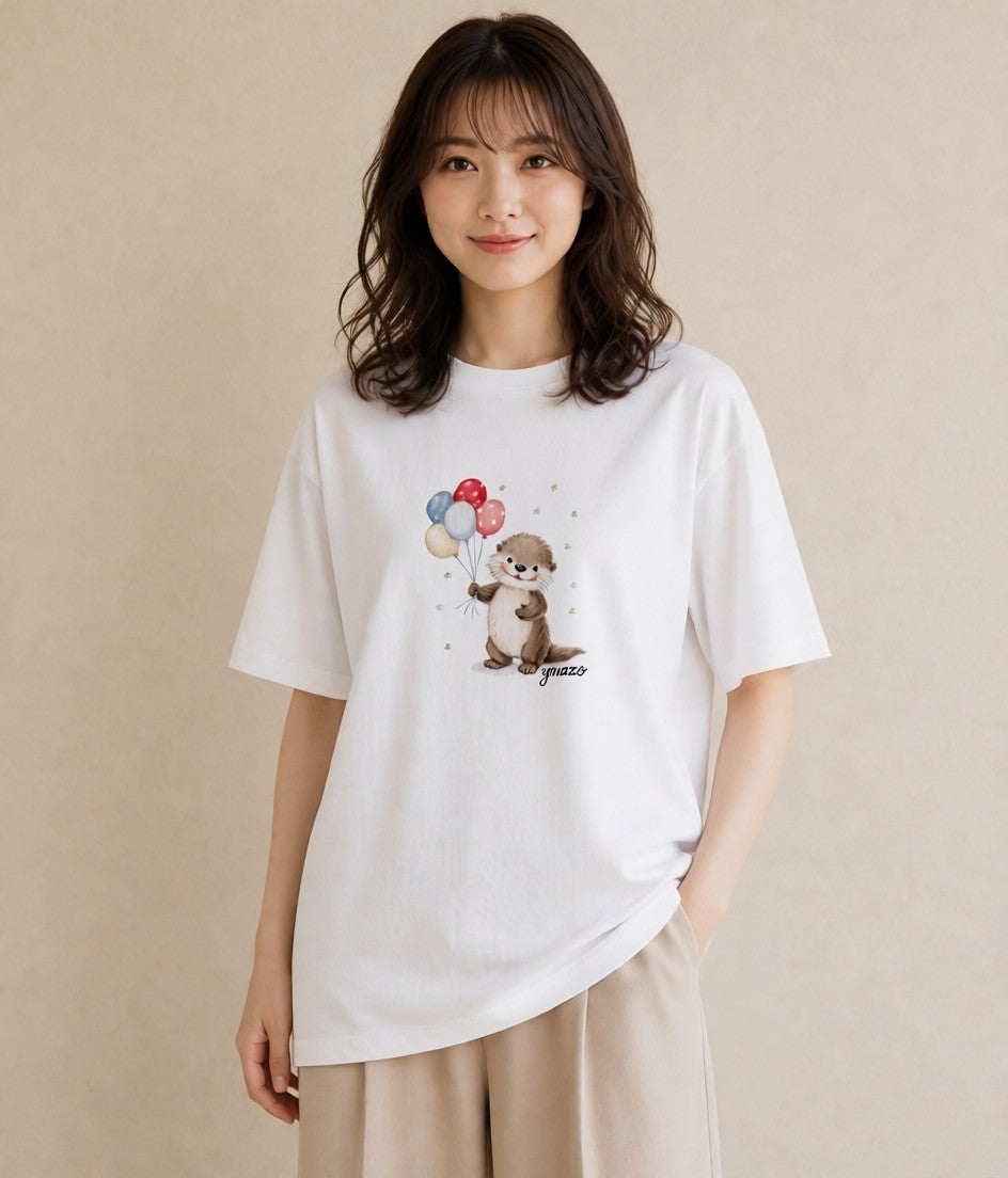 デザインTシャツ レディース ラッコ 動物 アニマル イラスト 線画 買い物 夏コーデ 白T