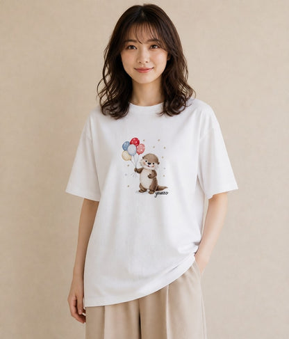 デザインTシャツ レディース ラッコ 動物 アニマル イラスト 線画 買い物 夏コーデ 白T