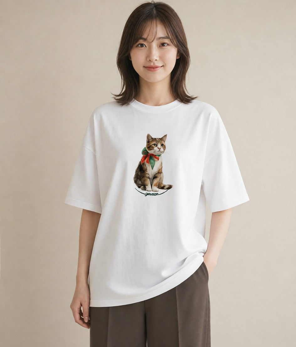 デザインTシャツ レディース サビ猫 猫 ねこ イラスト 北欧風 普段着 週末コーデ 白T