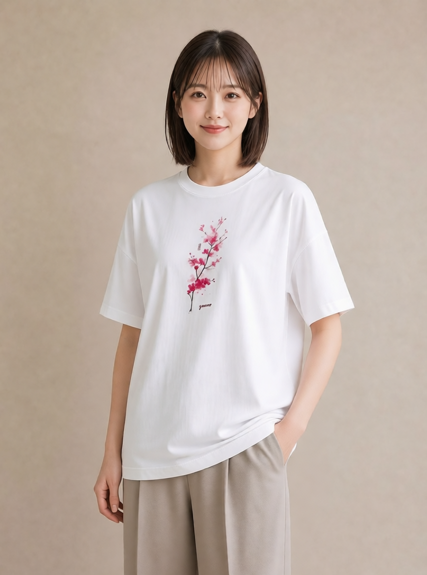 Tシャツ レディース 梅 花 花柄 イラスト レトロ 春服 ミセス 白T