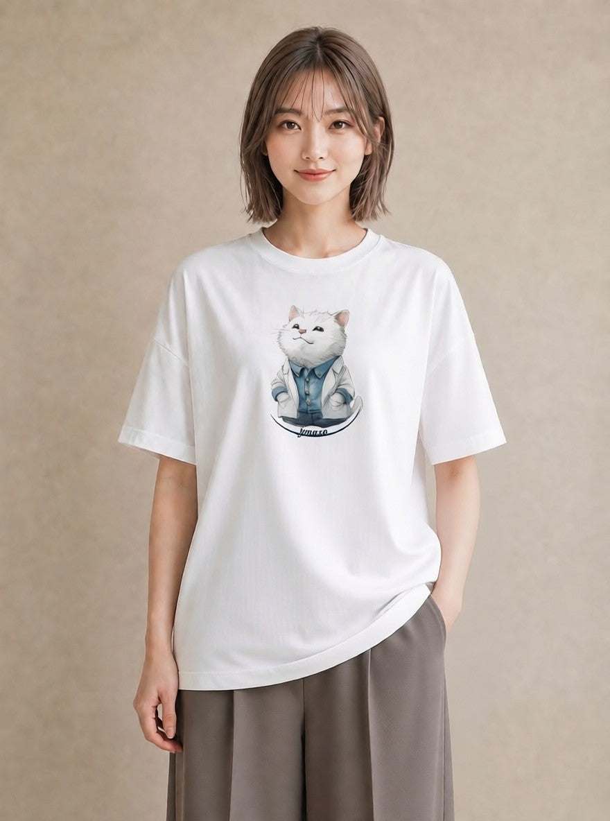 半袖Tシャツ レディース 猫 ねこ イラスト カジュアル 散歩 お出かけ 白T