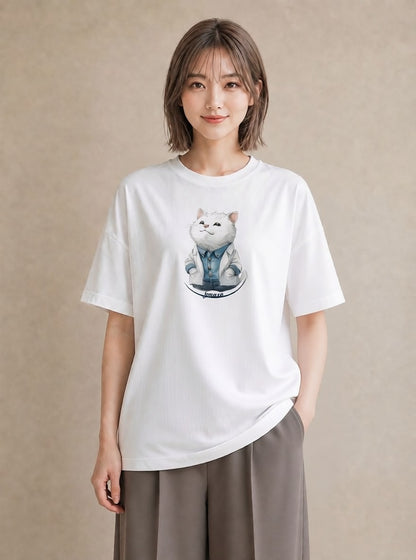 半袖Tシャツ レディース 猫 ねこ イラスト カジュアル 散歩 お出かけ 白T