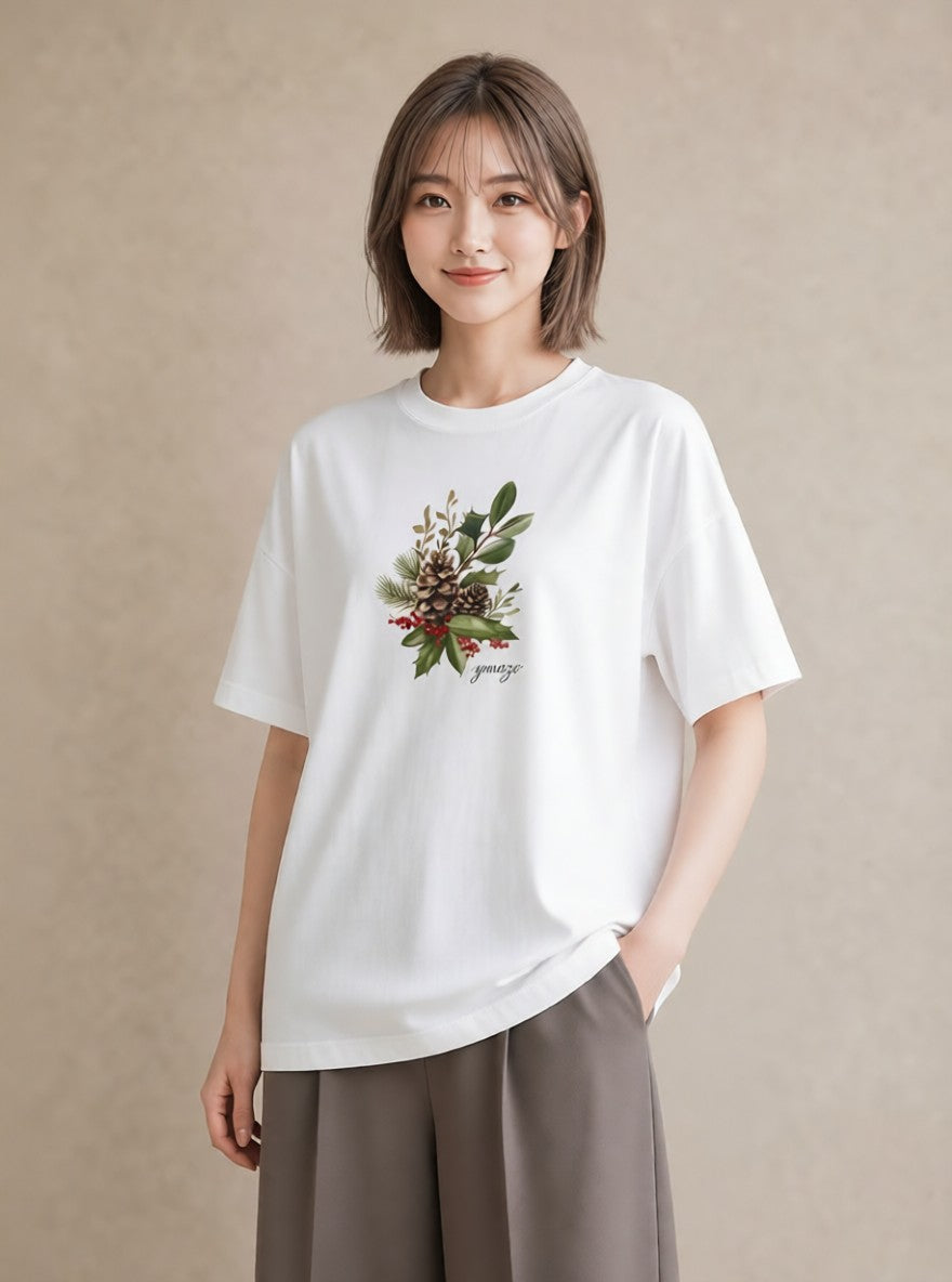 デザインTシャツ レディース 松ぼっくり 植物 ボタニカル イラスト レイヤード 友達ギフト 白T