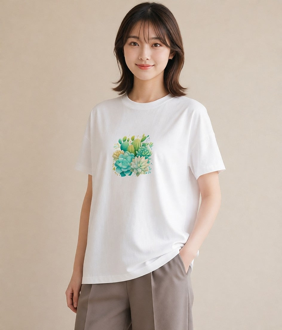 グラフィックTシャツ レディース サボテン 植物 ボタニカル イラスト ゆるかわ ビーチ デイリーウェア 白T