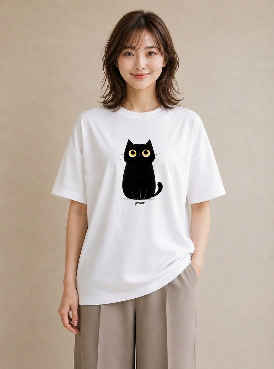 グラフィックTシャツ レディース 黒猫 猫 ねこ イラスト 上品 クリスマス 旅行 白T