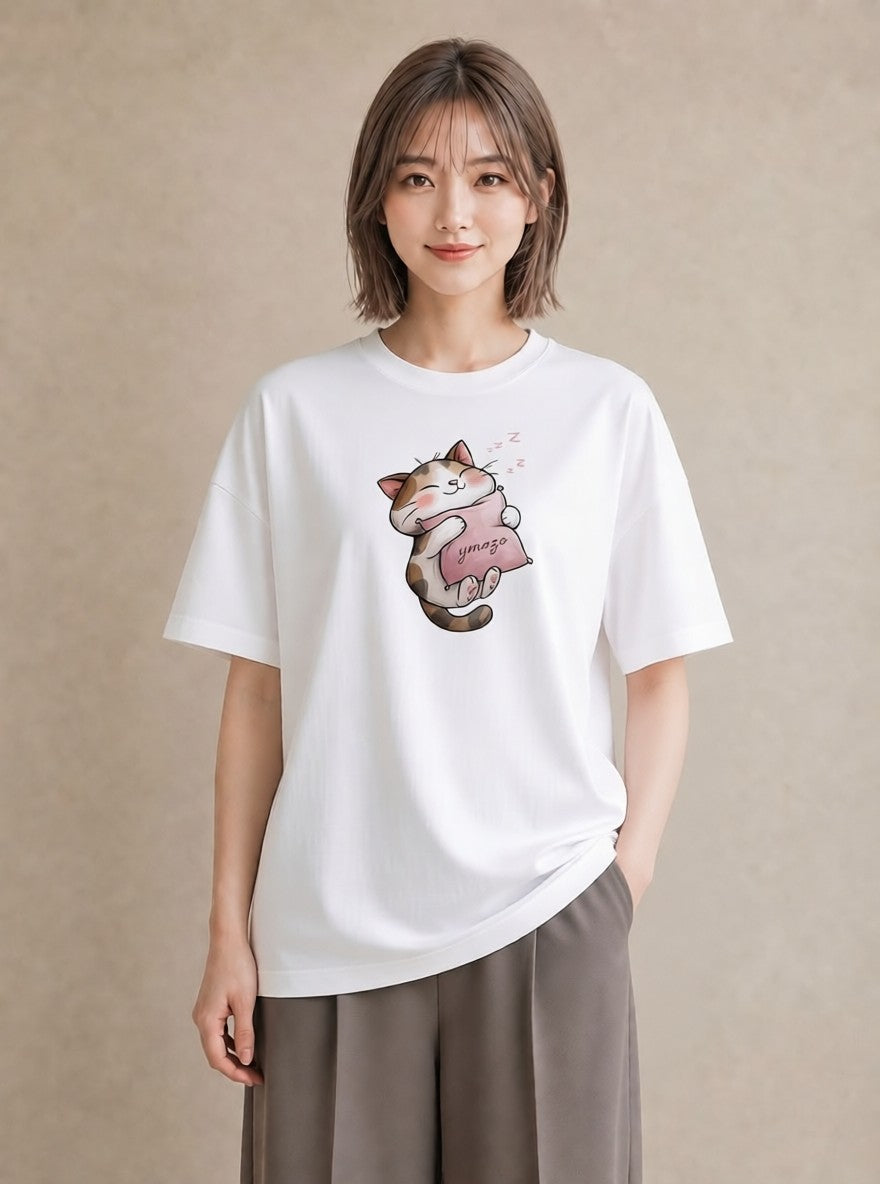プリントTシャツ レディース ニャンコ 猫 ねこ イラスト シンプル 自分用 ルームウェア 白T