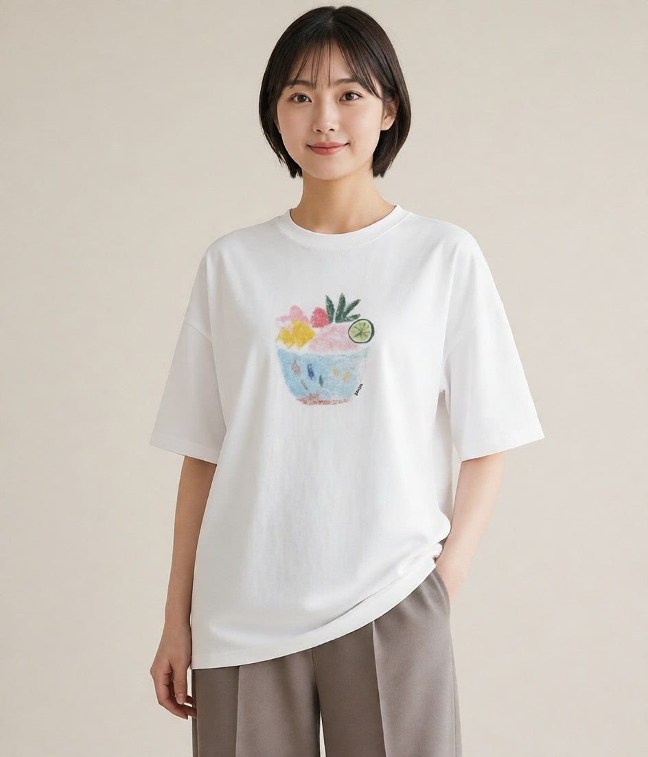 グラフィックTシャツ レディース パフェ 食べ物 フード イラスト カジュアル ミセス 春コーデ 白T