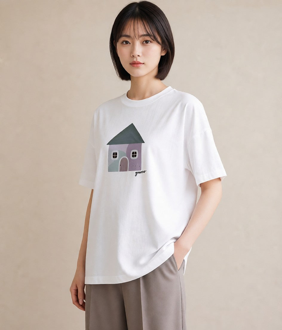 デザインTシャツ レディース 灯りの家 小屋 夜 ナチュラル アンティーク イラスト 通学 誕生日プレゼント 白T
