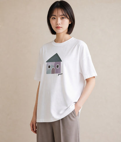 デザインTシャツ レディース 灯りの家 小屋 夜 ナチュラル アンティーク イラスト 通学 誕生日プレゼント 白T