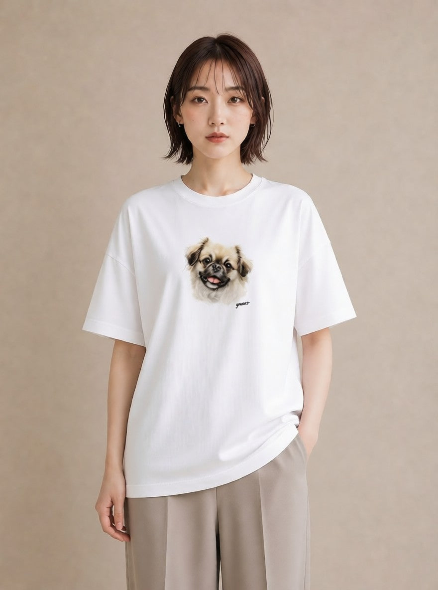 デザインTシャツ レディース 狆 犬 いぬ イラスト ヴィンテージ風 海 カフェ巡り 白T