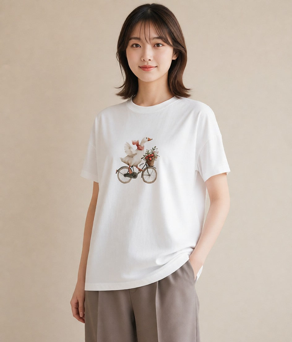 半袖Tシャツ レディース 自転車のかご 自転車 花かご ナチュラル アンティーク イラスト カフェコーデ 親子 20代 白T
