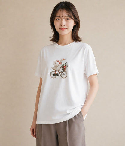 半袖Tシャツ レディース 自転車のかご 自転車 花かご ナチュラル アンティーク イラスト カフェコーデ 親子 20代 白T