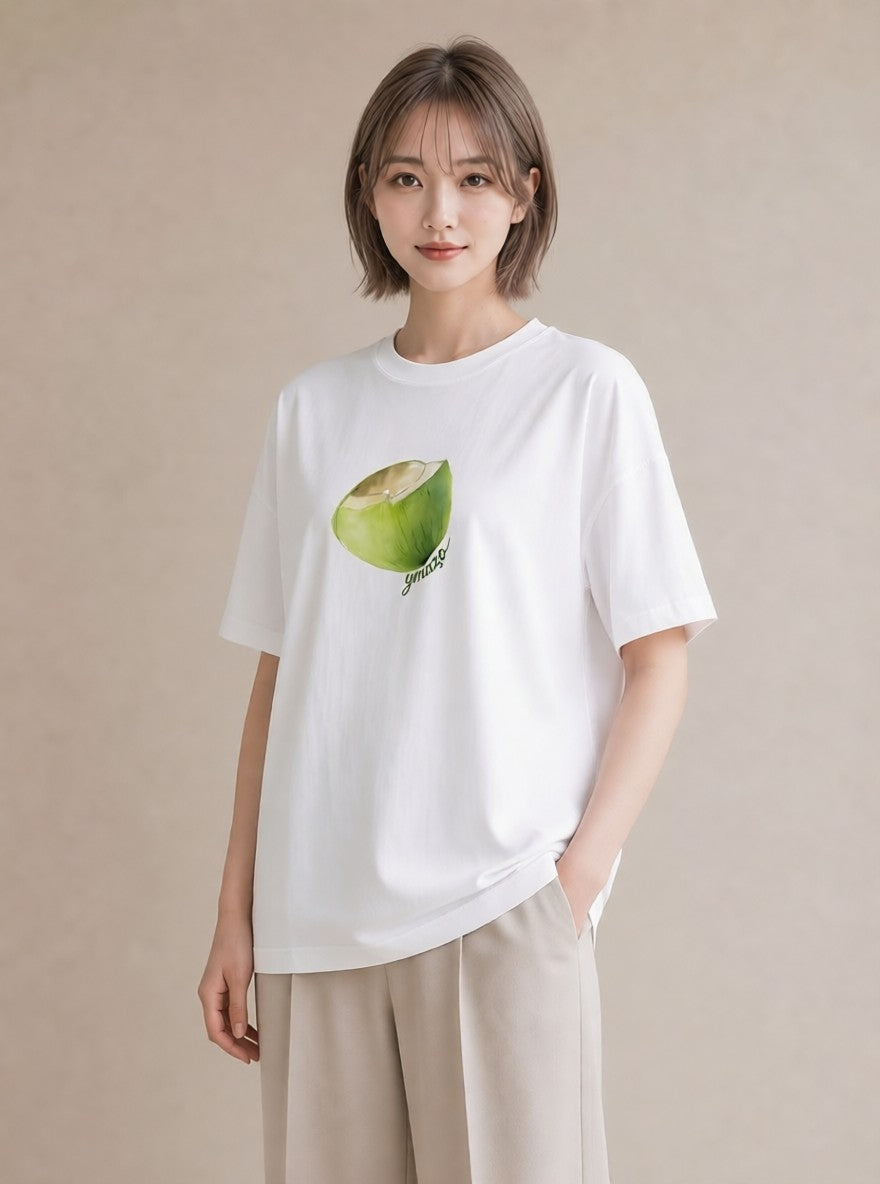 半袖Tシャツ レディース りんご 林檎 アップル 食べ物 フード イラスト 休日コーデ 公園 ママ 白T