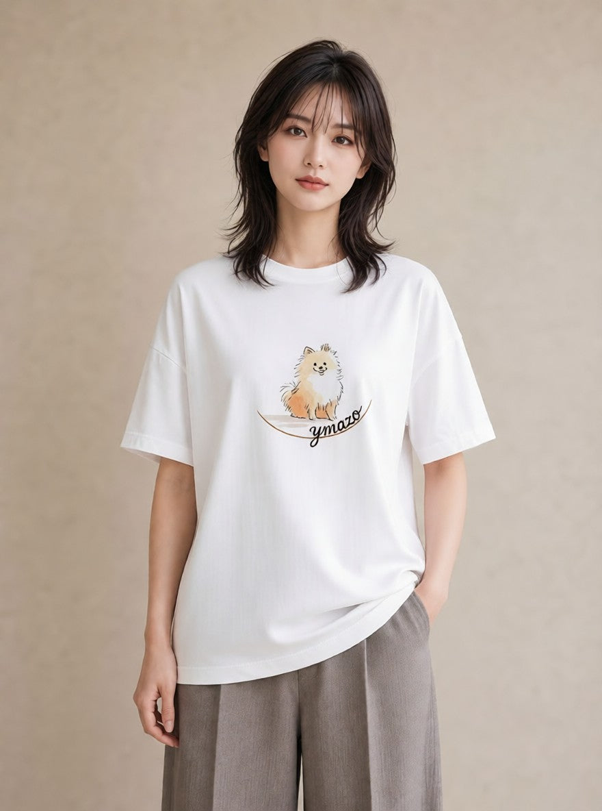 デザインTシャツ レディース ポメラニアン ポメ 犬 いぬ イラスト ミニマル 20代 カジュアルコーデ 白T