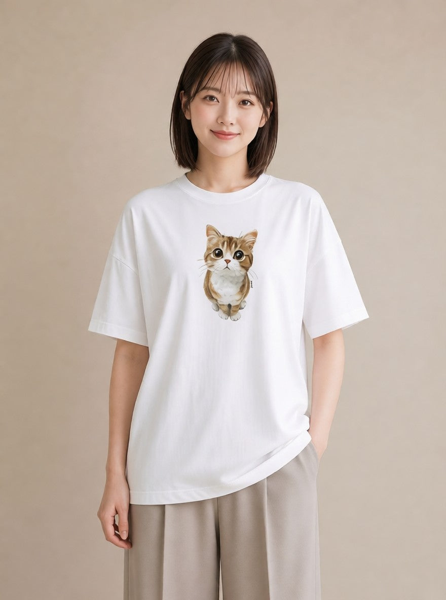 プリントTシャツ レディース 茶トラ 茶猫 猫 ねこ イラスト 旅行コーデ お出かけ 普段着 白T