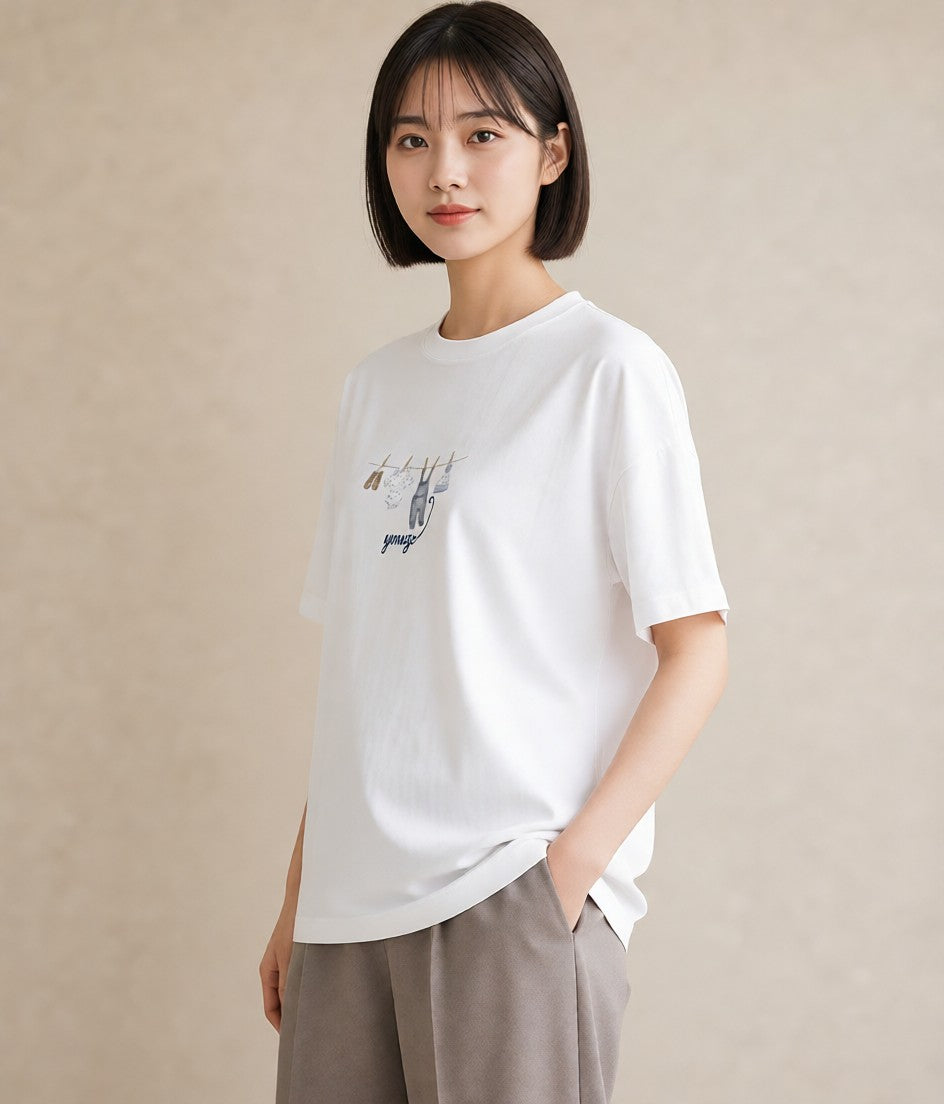 半袖Tシャツ レディース 洗濯物 風 ナチュラル アンティーク イラスト お洒落 レイヤード 友達ギフト 白T