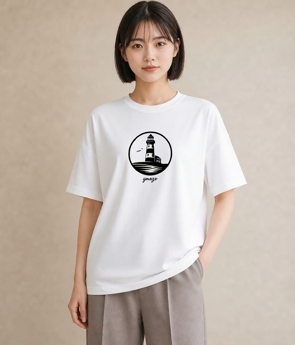 半袖Tシャツ レディース 灯台 霧 海 ナチュラル アンティーク イラスト 可愛い デート 帰省 白T