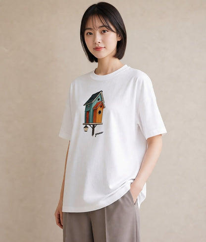 プリントTシャツ レディース 遠い家と鳥 風景 鳥 ナチュラル アンティーク イラスト ポップ デイリーウェア 休日 白T