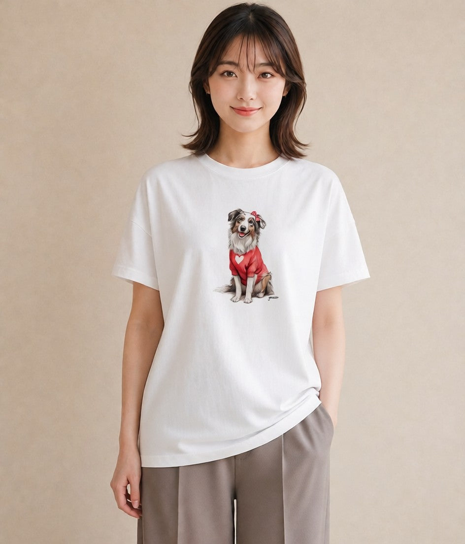 Tシャツ レディース ボーダーコリー 犬 いぬ イラスト ラフ 在宅 公園 白T