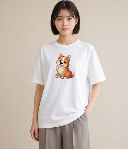 グラフィックTシャツ レディース わんこ 犬 いぬ イラスト ミニマル 送別ギフト 通勤 白T